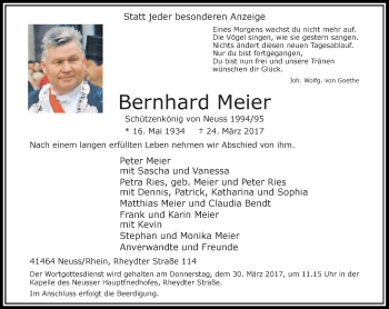 Traueranzeige von Bernhard Meier von Rheinische Post