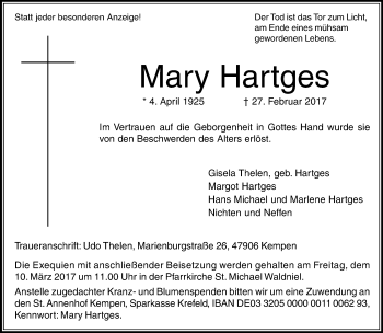 Traueranzeige von Mary Hartges von Rheinische Post