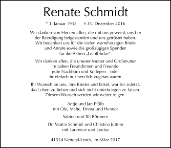 Traueranzeige von Renate Schmidt von Rheinische Post