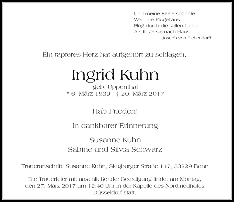  Traueranzeige für Ingrid Kuhn vom 23.03.2017 aus Rheinische Post