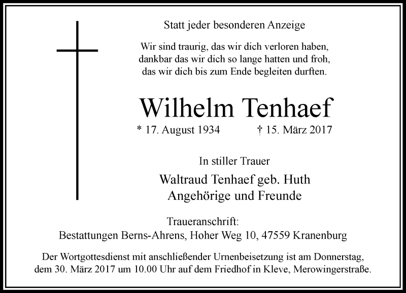  Traueranzeige für Wilhelm Tenhaef vom 28.03.2017 aus Rheinische Post