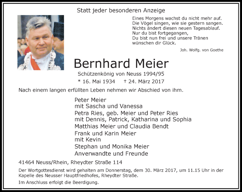  Traueranzeige für Bernhard Meier vom 28.03.2017 aus Rheinische Post