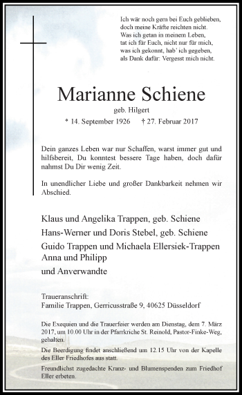 Traueranzeige von Marianne Schiene von Rheinische Post