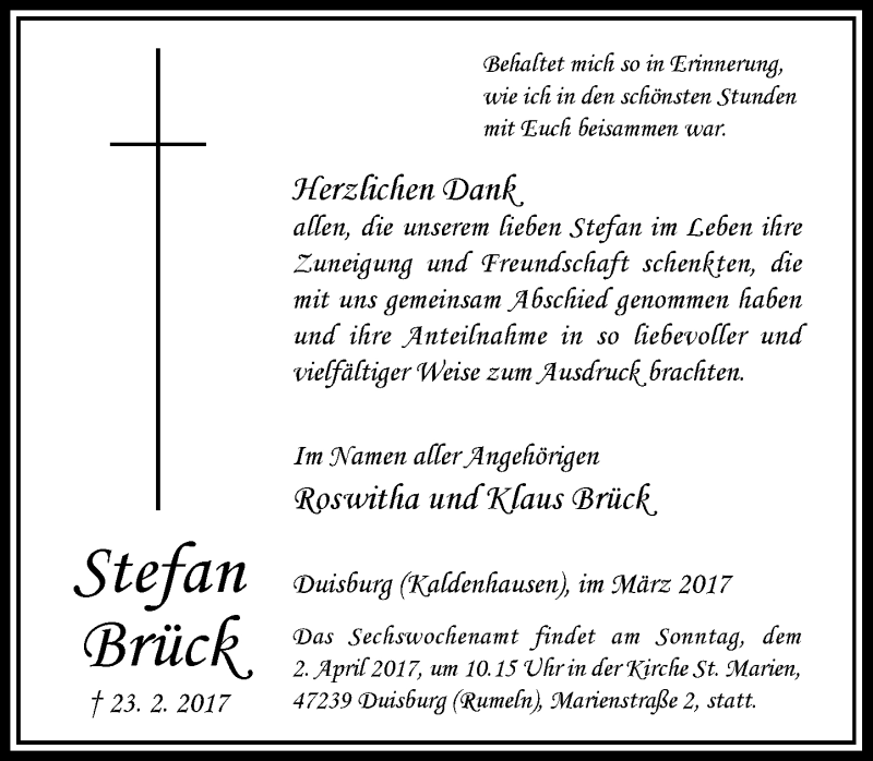  Traueranzeige für Stefan Brück vom 23.03.2017 aus Rheinische Post