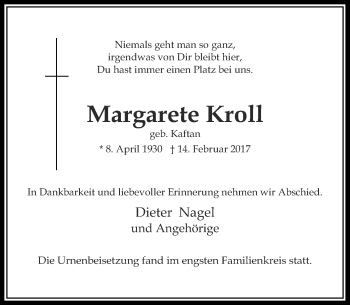 Traueranzeige von Margarete Kroll von Rheinische Post