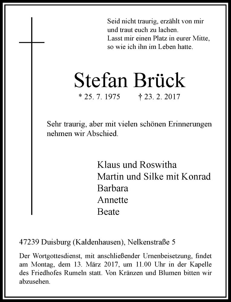  Traueranzeige für Stefan Brück vom 07.03.2017 aus Rheinische Post