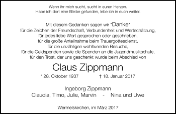 Traueranzeige von Claus Zippmann von Rheinische Post