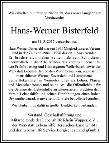 Traueranzeige von Hans-Werner Bisterfeld von Rheinische Post