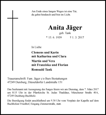Traueranzeige von Anita Jäger von Rheinische Post