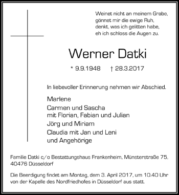 Traueranzeige von Werner Datki von Rheinische Post