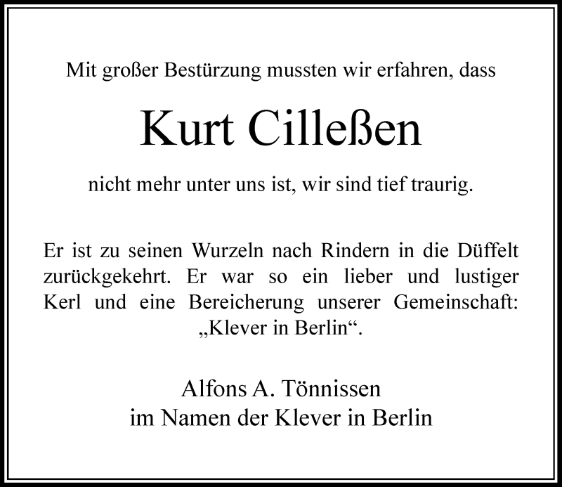  Traueranzeige für Kurt Cilleßen vom 28.03.2017 aus Rheinische Post