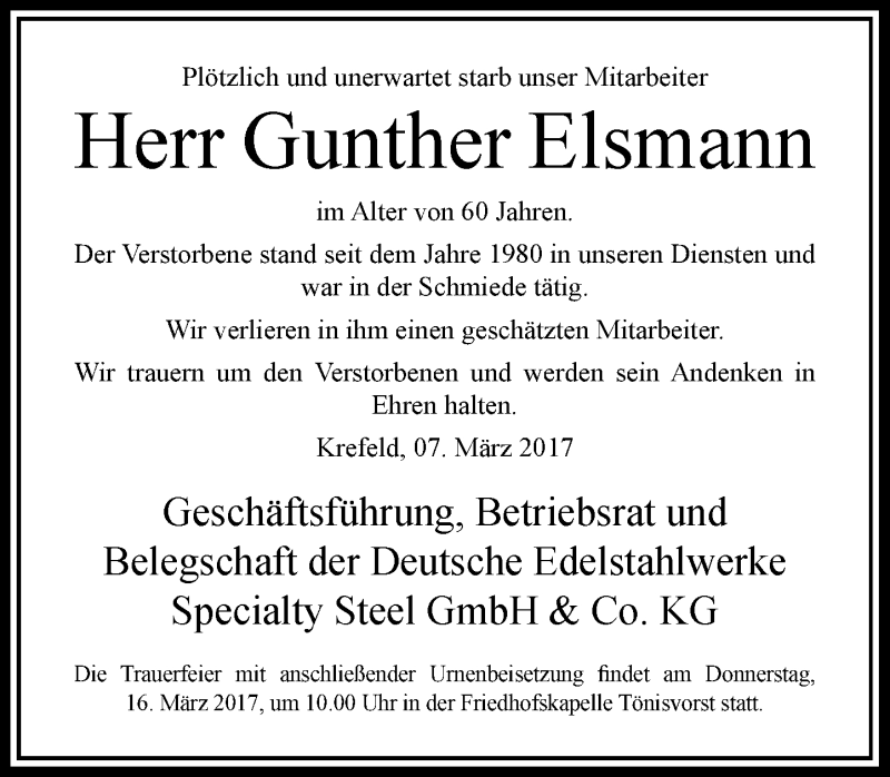  Traueranzeige für Gunther Elsmann vom 14.03.2017 aus Rheinische Post