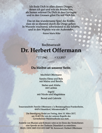 Traueranzeige von Herbert Offermann von Rheinische Post