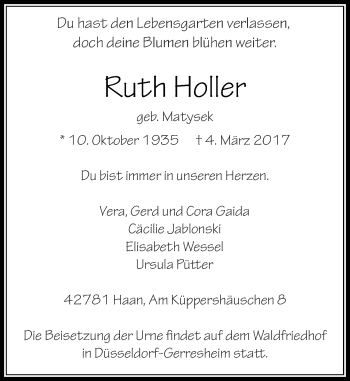 Traueranzeige von Ruth Holler von Rheinische Post
