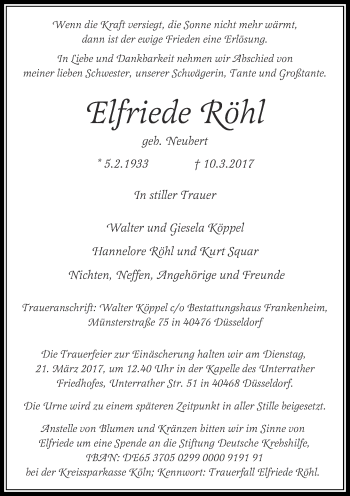 Traueranzeige von Elfriede Röhl von Rheinische Post