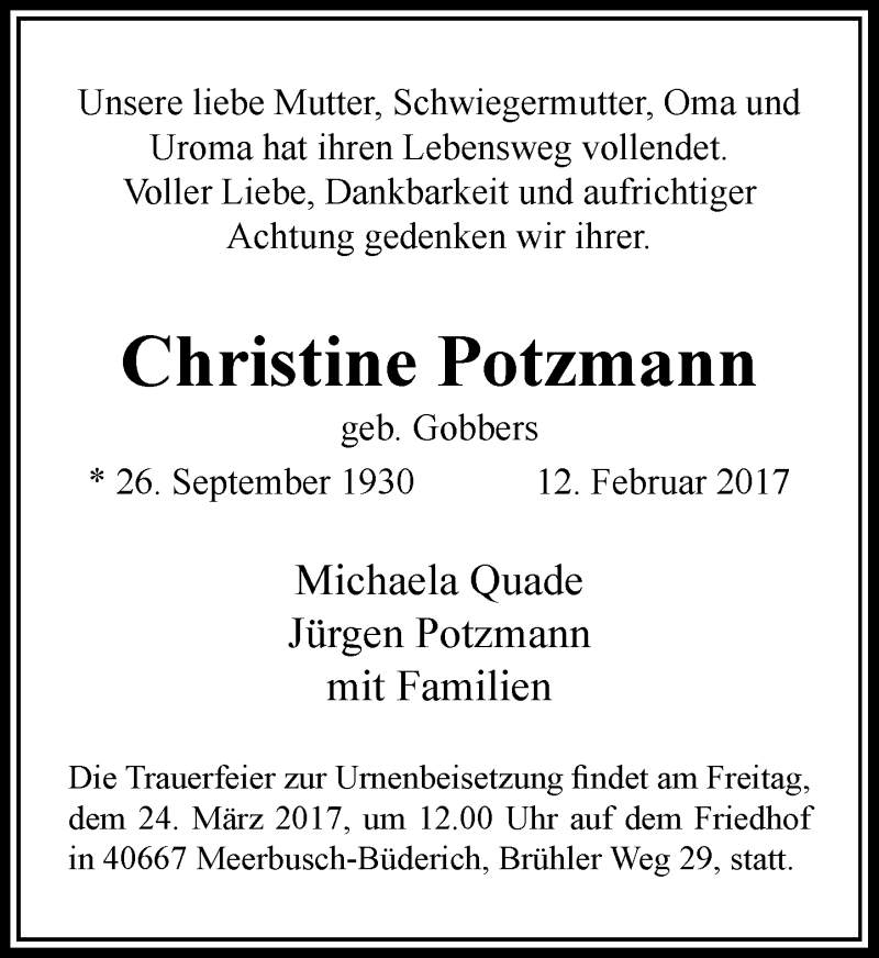  Traueranzeige für Christine Potzmann vom 18.03.2017 aus Rheinische Post