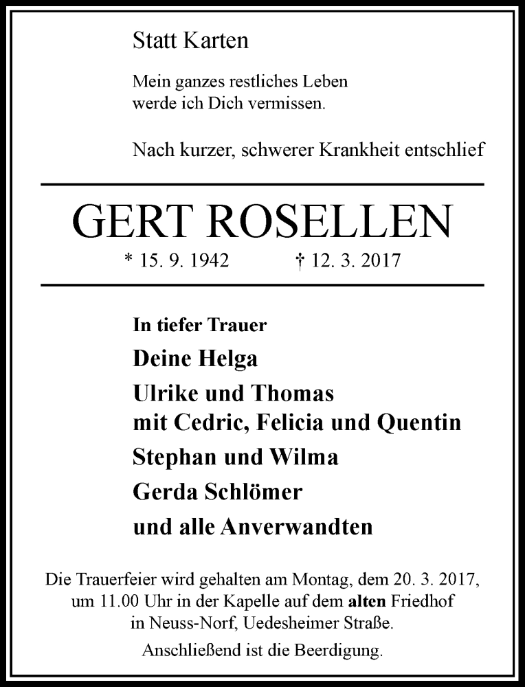  Traueranzeige für Gert Rosellen vom 15.03.2017 aus Rheinische Post