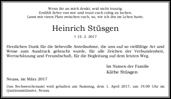 Traueranzeige von Heinrich Stüsgen von Rheinische Post