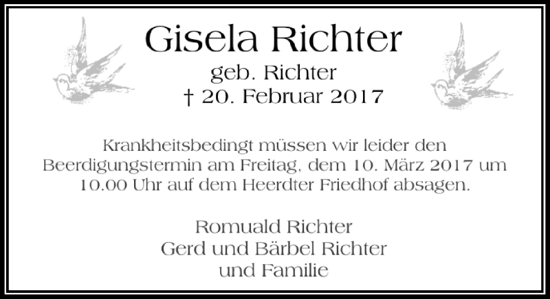  Traueranzeige für Gisela Richter vom 04.03.2017 aus Rheinische Post
