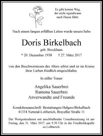 Traueranzeige von Doris Birkelbach von Rheinische Post