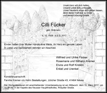 Traueranzeige von Cilli Fücker von Rheinische Post