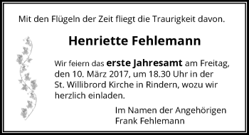 Traueranzeige von Henriette Fehlemann von Rheinische Post