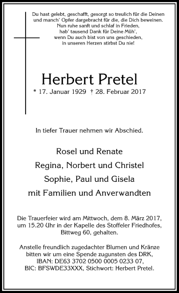 Traueranzeige von Herbert Pretel von Rheinische Post