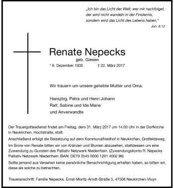 Traueranzeige von Renate Nepecks von Rheinische Post