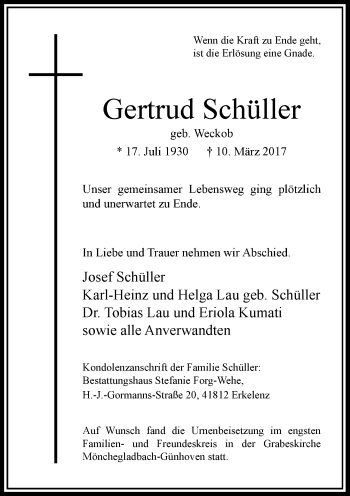 Traueranzeige von Gertrud Schüller von Rheinische Post