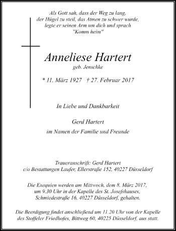 Traueranzeige von Anneliese Hartert von Rheinische Post