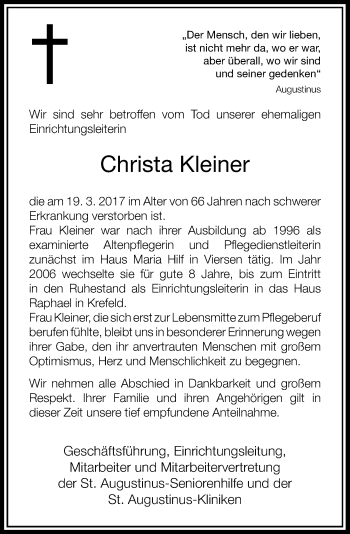 Traueranzeige von Christa Kleiner von Rheinische Post