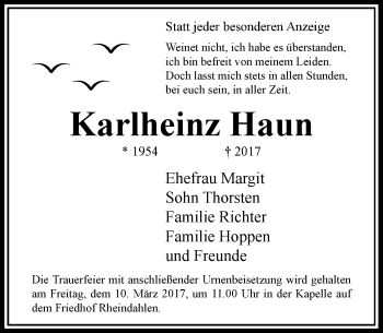 Traueranzeige von Karlheinz Haun von Rheinische Post