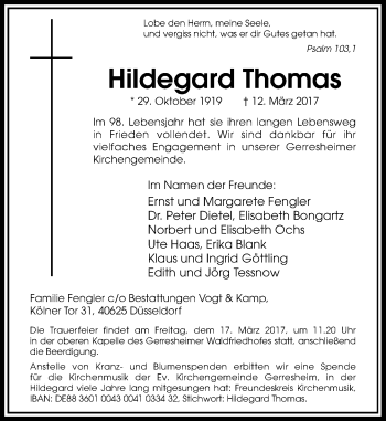 Traueranzeige von Hildegard Thomas von Rheinische Post