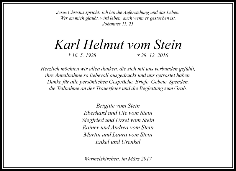  Traueranzeige für Karl Helmut vom Stein vom 04.03.2017 aus Rheinische Post