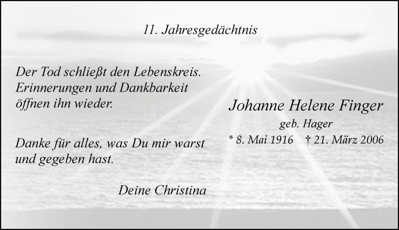  Traueranzeige für Johanne Helene Finger vom 21.03.2017 aus Rheinische Post