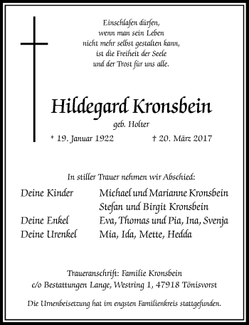 Traueranzeige von Hildegard Kronsbein von Rheinische Post