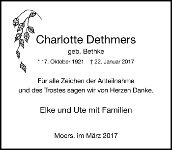 Traueranzeige von Charlotte Dethmers von Rheinische Post