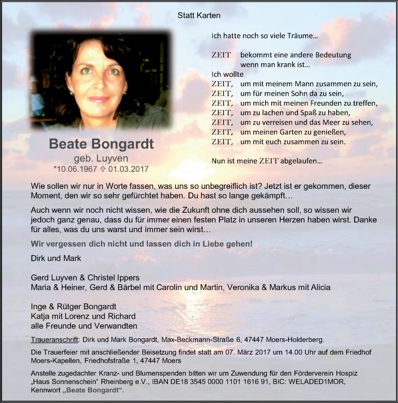  Traueranzeige für Beate Bongardt vom 03.03.2017 aus Rheinische Post
