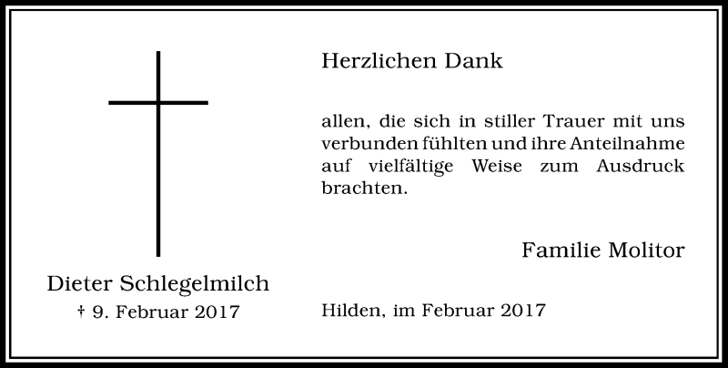  Traueranzeige für Dieter Schlegelmilch vom 04.03.2017 aus Rheinische Post