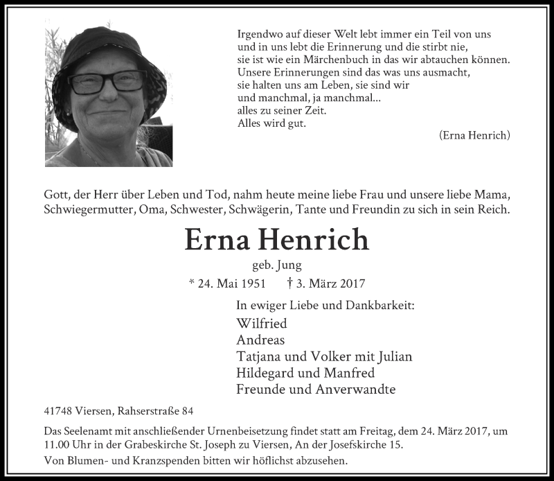  Traueranzeige für Erna Henrich vom 18.03.2017 aus Rheinische Post