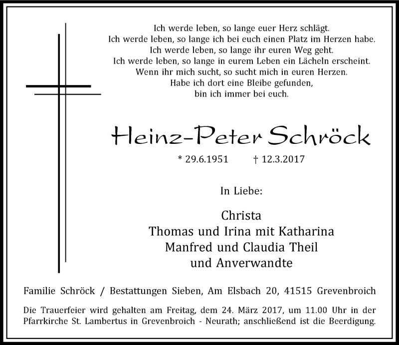  Traueranzeige für Heinz-Peter Schröck vom 18.03.2017 aus Rheinische Post
