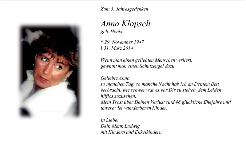  Traueranzeige für Anna Klopsch vom 31.03.2017 aus Rheinische Post