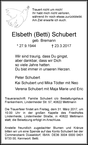 Traueranzeige von Elsbeth Schubert von Rheinische Post