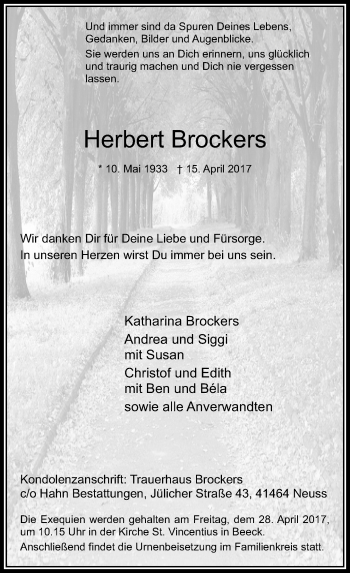 Traueranzeige von Herbert Brockers von Rheinische Post