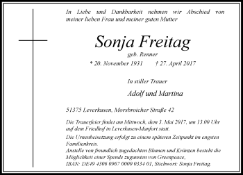 Traueranzeige von Sonja Freitag von Rheinische Post