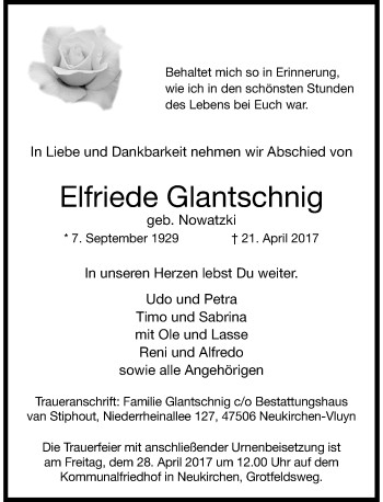 Traueranzeige von Elfriede Glantschnig von Rheinische Post