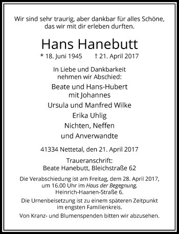 Traueranzeige von Hans Hanebutt von Rheinische Post