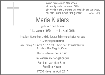 Traueranzeige von Maria Kisters von Rheinische Post