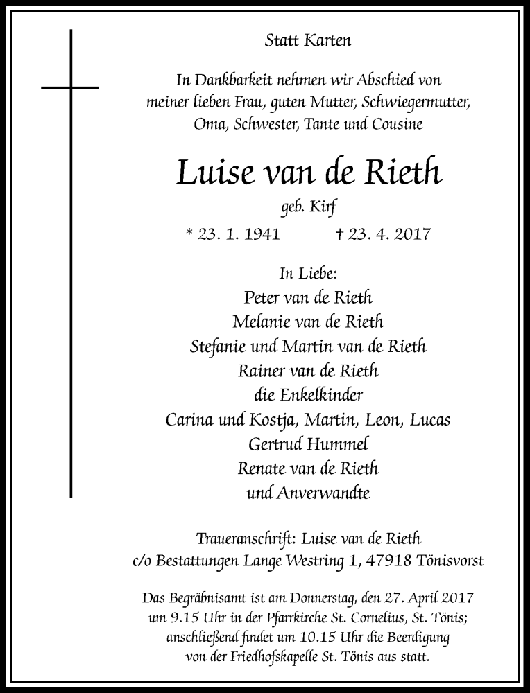  Traueranzeige für Luise van de Rieth vom 25.04.2017 aus Rheinische Post