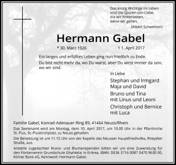 Traueranzeige von Hermann Gabel von Rheinische Post